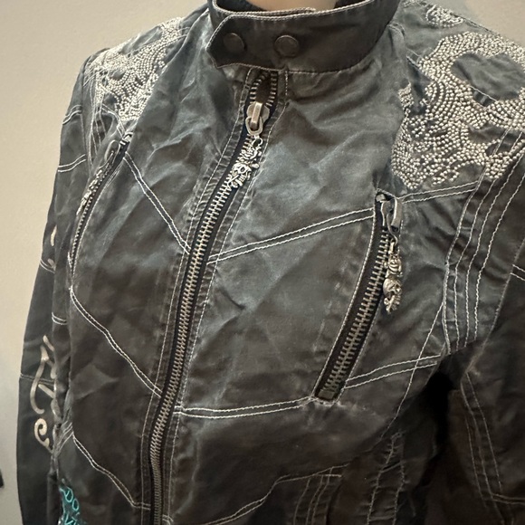 Ed Hardy Dark Grey Moto Jacket with Tiger Embroidery Y2K Biker Grunge Alt - Picture 3 of 10